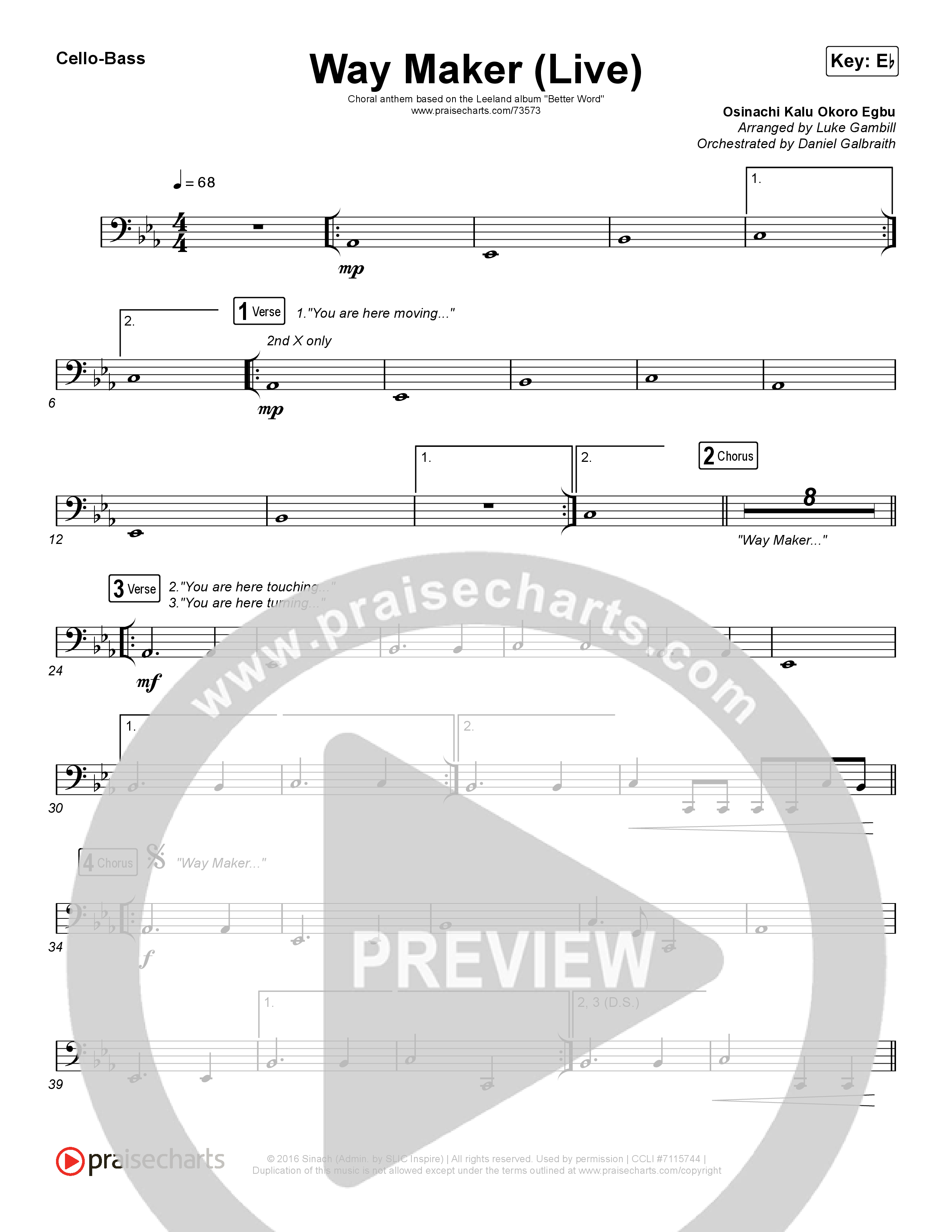Way Maker (Choral Anthem SATB) Cello/Bass (Leeland / Arr. Luke Gambill)