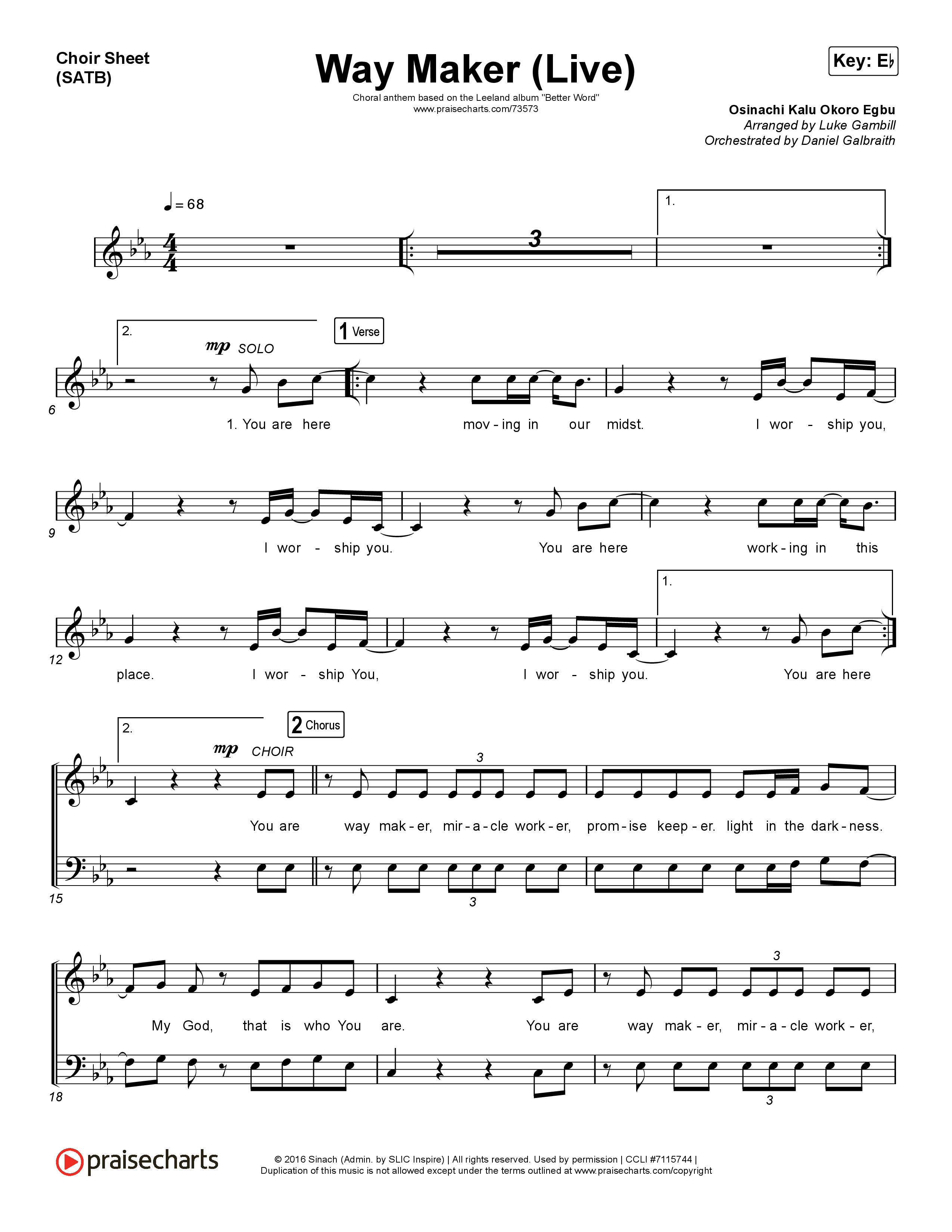 Way Maker (Choral Anthem SATB) Choir Sheet (SATB) (Leeland / Arr. Luke Gambill)