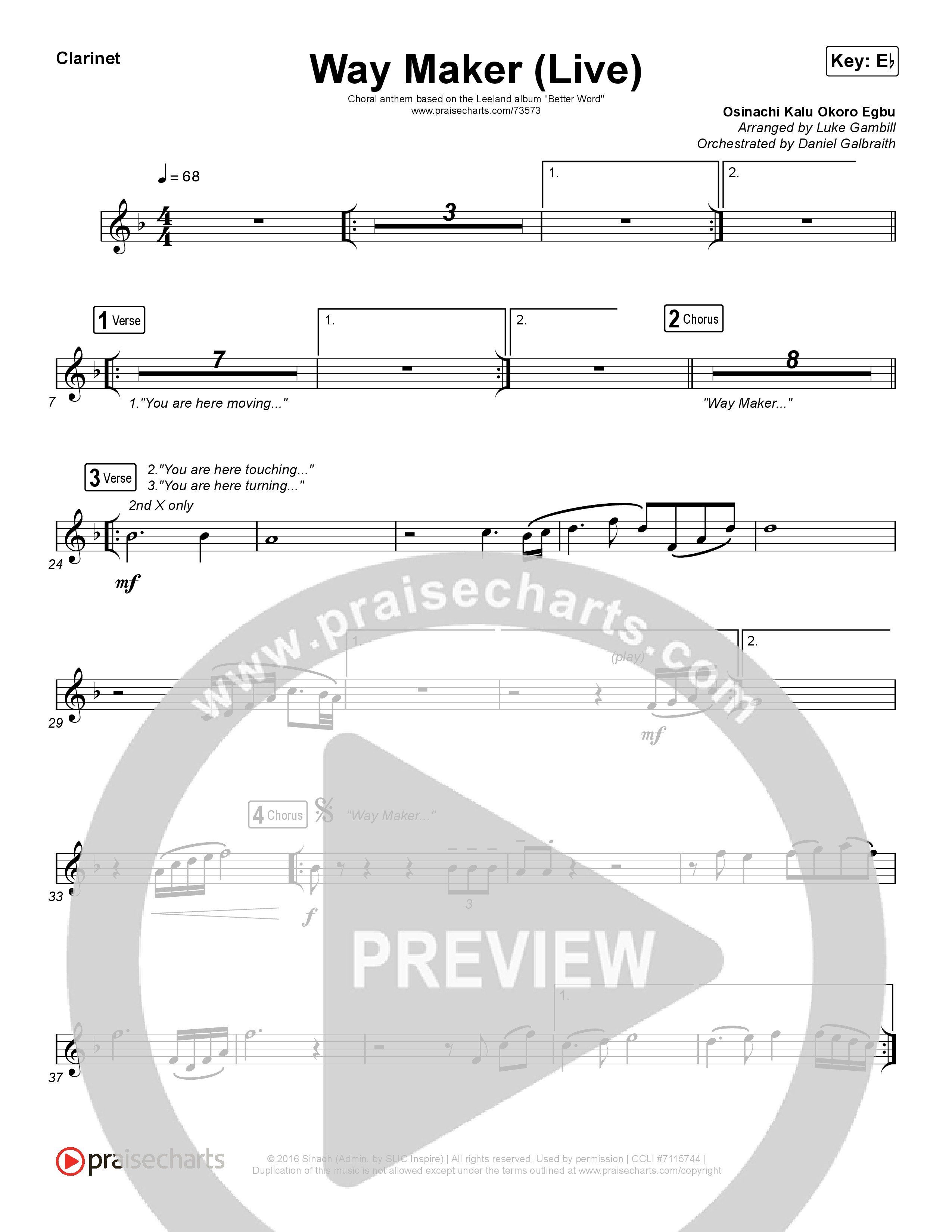 Way Maker (Choral Anthem SATB) Clarinet 1,2 (Leeland / Arr. Luke Gambill)