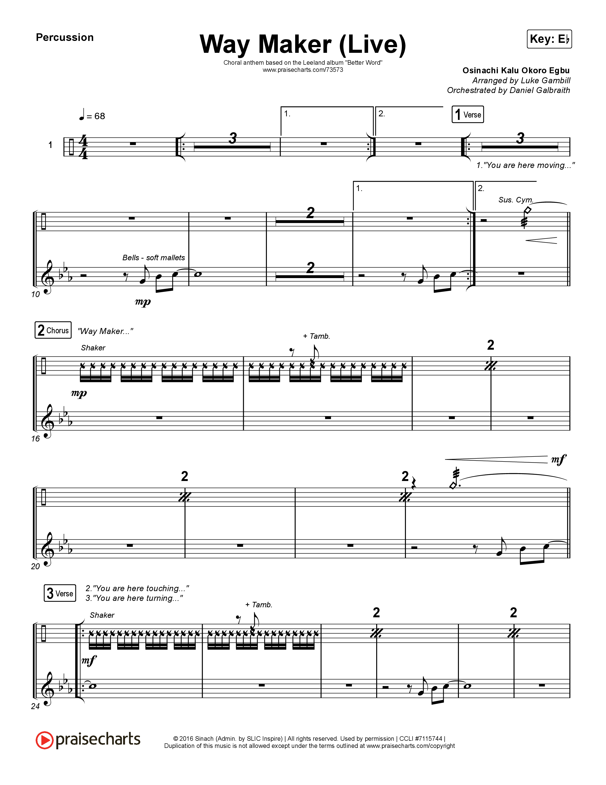 Way Maker (Choral Anthem SATB) Percussion (Leeland / Arr. Luke Gambill)