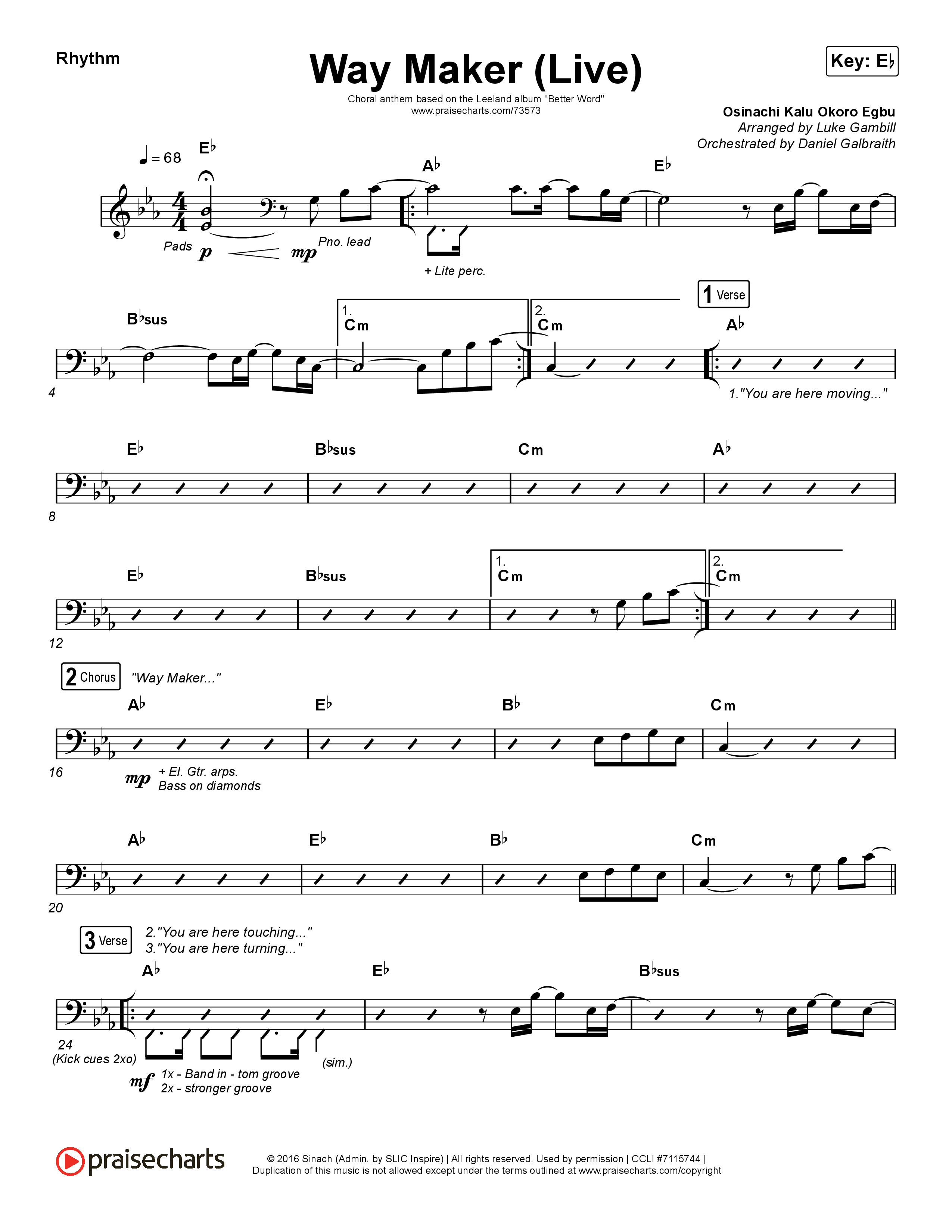 Way Maker (Choral Anthem SATB) Rhythm Chart (Leeland / Arr. Luke Gambill)
