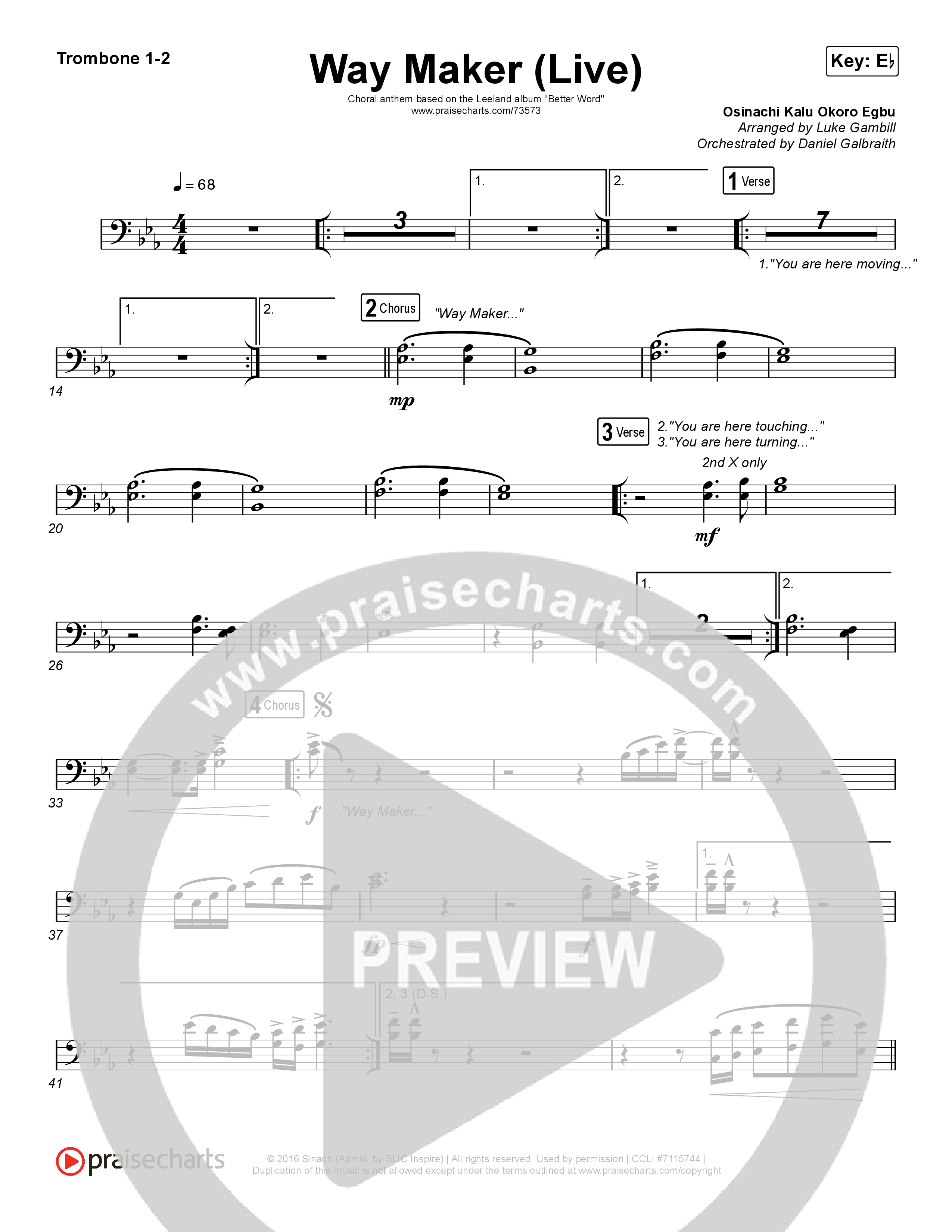 Way Maker (Choral Anthem SATB) Trombone 1,2 (Leeland / Arr. Luke Gambill)