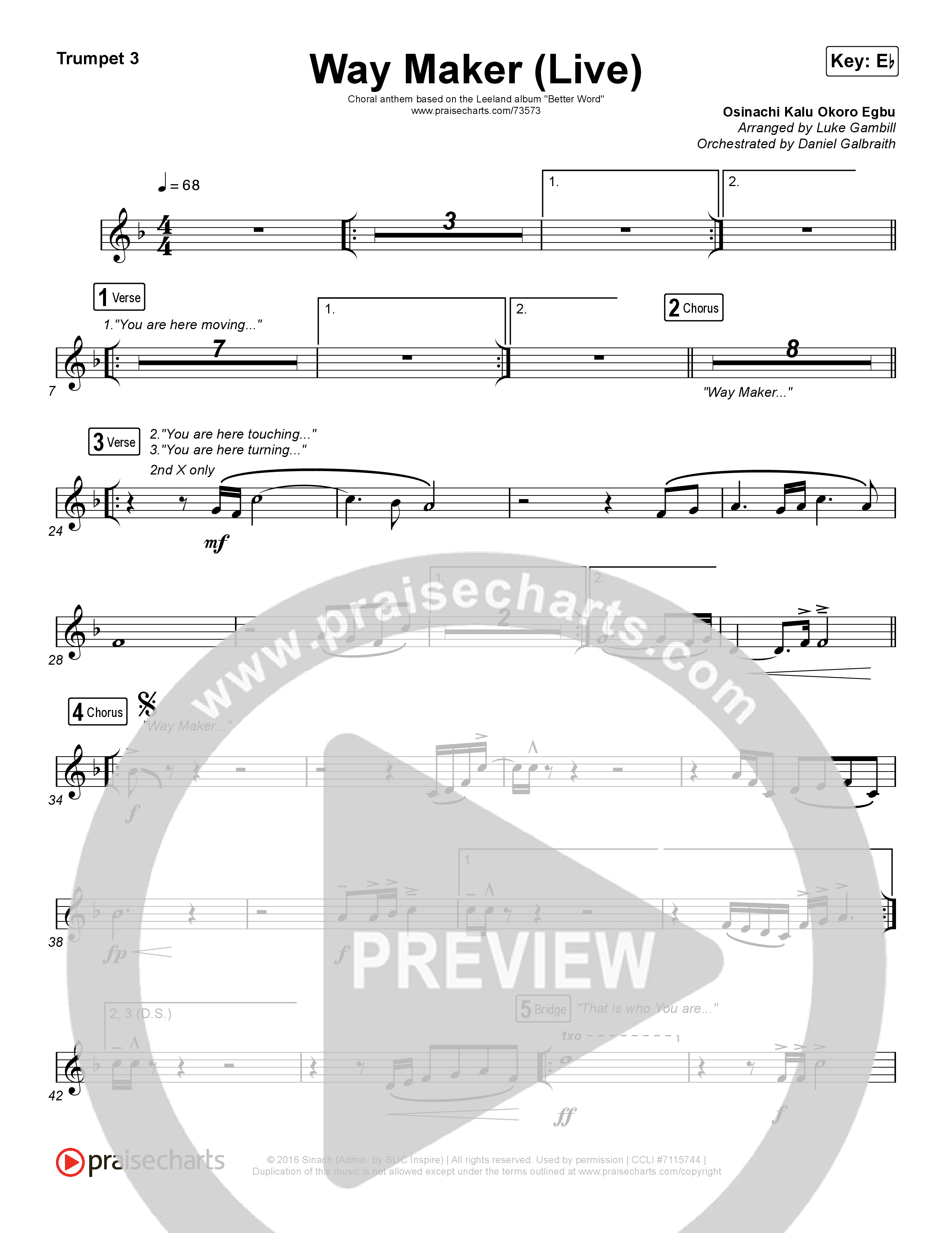 Way Maker (Choral Anthem SATB) Trumpet 3 (Leeland / Arr. Luke Gambill)