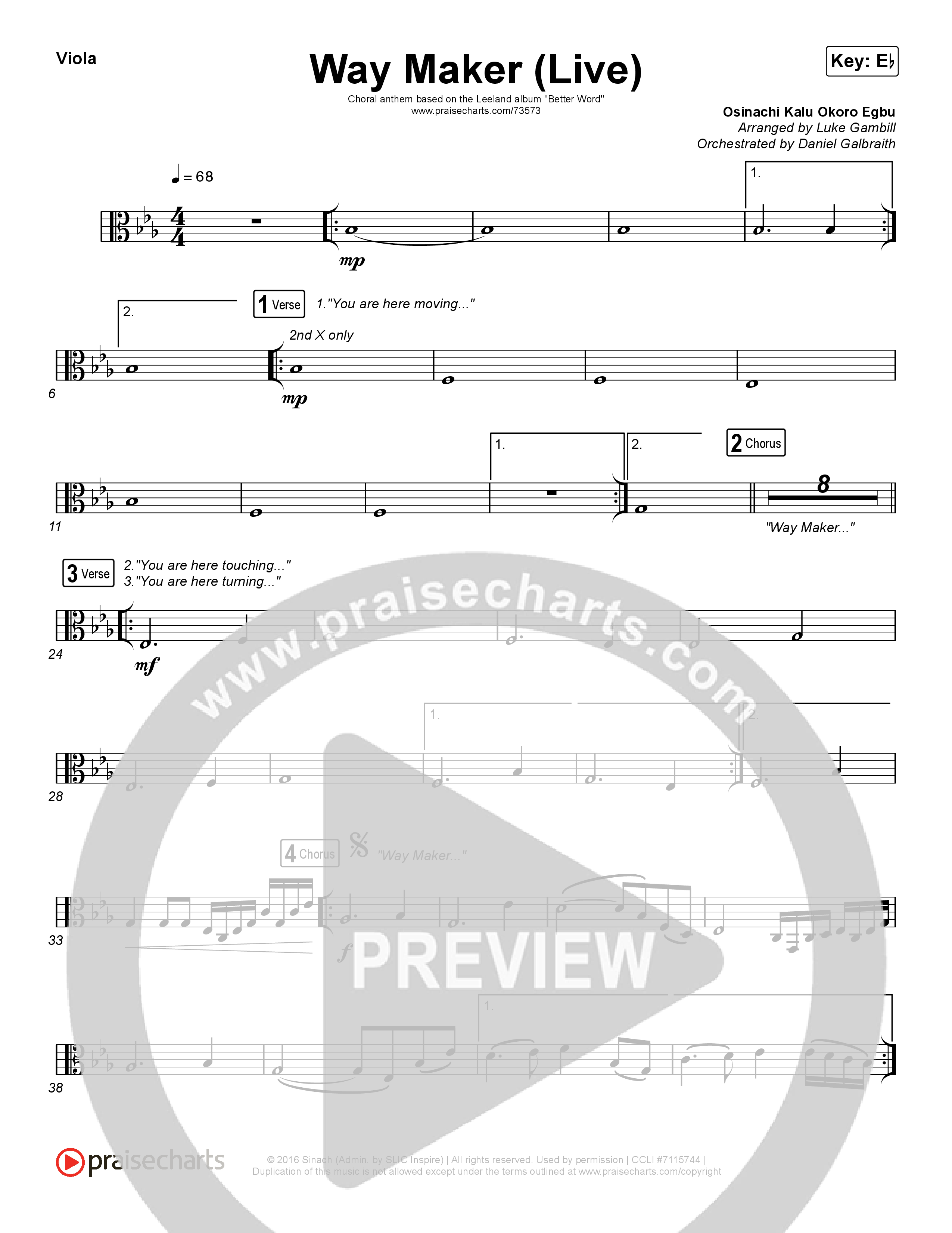 Way Maker (Choral Anthem SATB) Viola (Leeland / Arr. Luke Gambill)