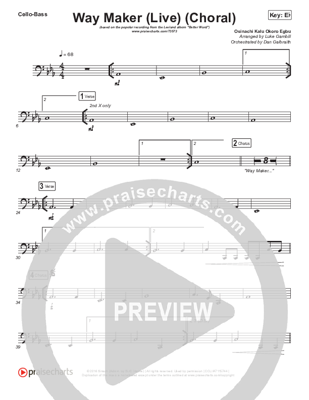 Way Maker (Choral Anthem SATB) Cello/Bass (Leeland / Arr. Luke Gambill)