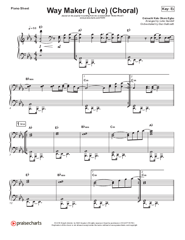 Way Maker (Choral Anthem SATB) Piano Sheet (Leeland / Arr. Luke Gambill)