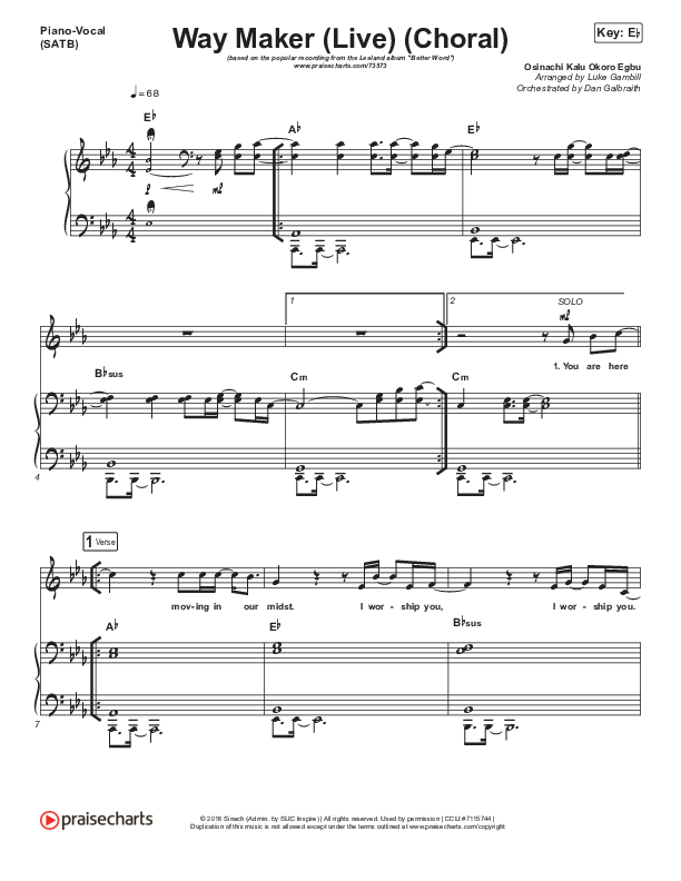 Way Maker (Choral Anthem SATB) Piano/Vocal Pack (Leeland / Arr. Luke Gambill)