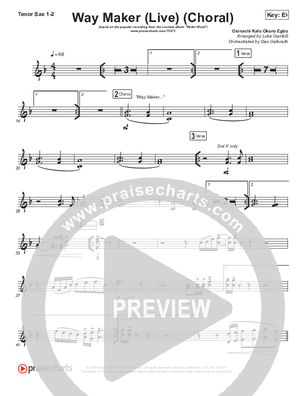 Way Maker (Choral Anthem SATB) Tenor Sax 1,2 (Leeland / Arr. Luke Gambill)