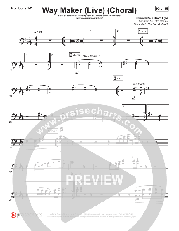 Way Maker (Choral Anthem SATB) Trombone 1/2 (Leeland / Arr. Luke Gambill)