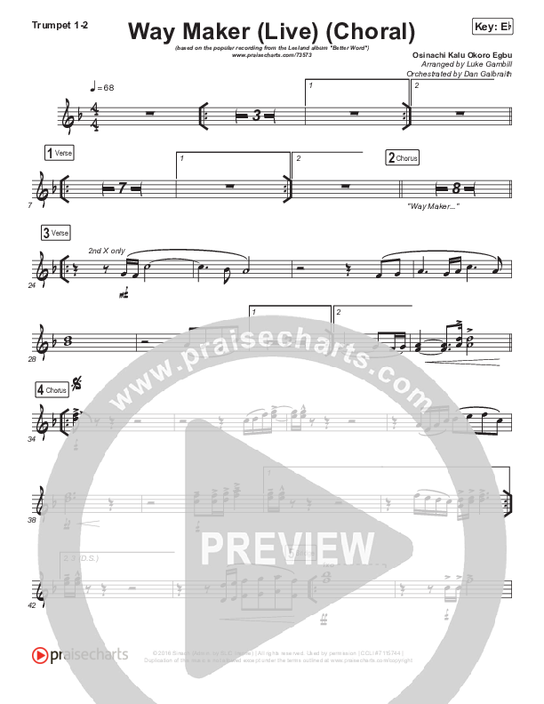 Way Maker (Choral Anthem SATB) Trumpet 1,2 (Leeland / Arr. Luke Gambill)