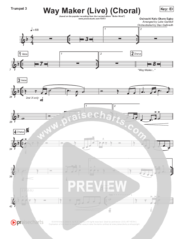 Way Maker (Choral Anthem SATB) Trumpet 3 (Leeland / Arr. Luke Gambill)