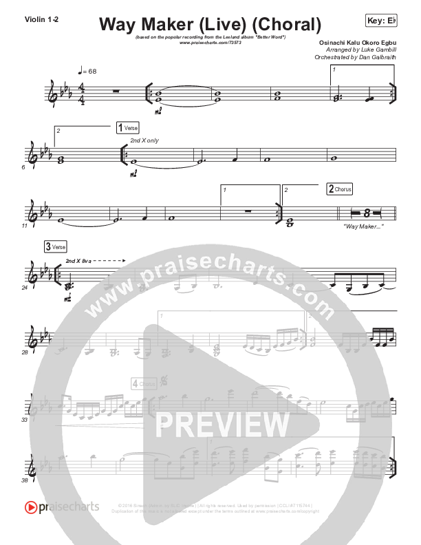 Way Maker (Choral Anthem SATB) Violin 1,2 (Leeland / Arr. Luke Gambill)