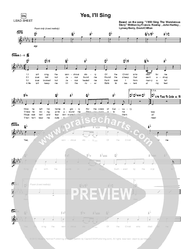 Yes I'll Sing Lead Sheet (Simple Hymns / Lynsey Berry)