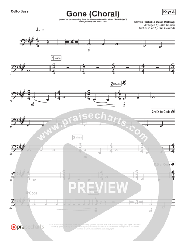 Gone (Choral Anthem SATB) Cello/Bass (Elevation Worship / Arr. Luke Gambill)