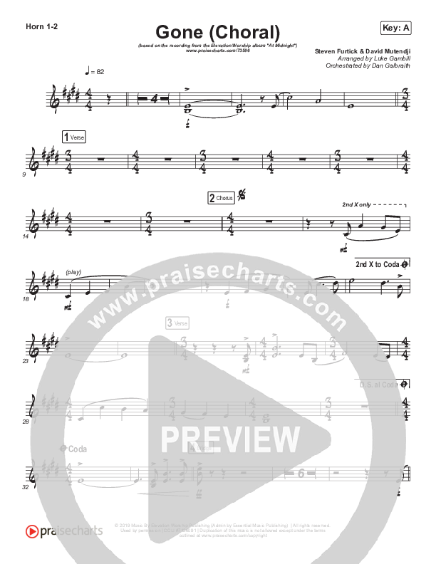 Gone (Choral Anthem SATB) French Horn 1/2 (Elevation Worship / Arr. Luke Gambill)
