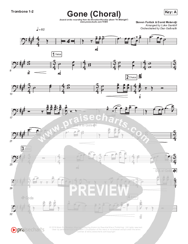 Gone (Choral Anthem SATB) Trombone 1/2 (Elevation Worship / Arr. Luke Gambill)