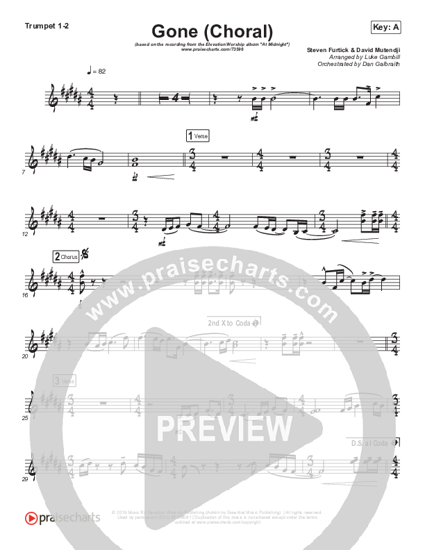 Gone (Choral Anthem SATB) Trumpet 1,2 (Elevation Worship / Arr. Luke Gambill)