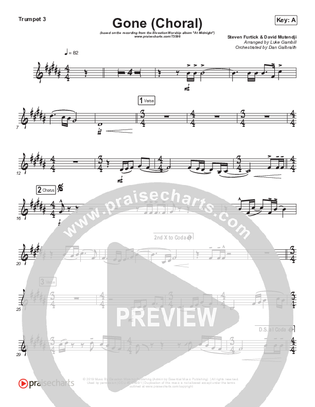 Gone (Choral Anthem SATB) Trumpet 3 (Elevation Worship / Arr. Luke Gambill)