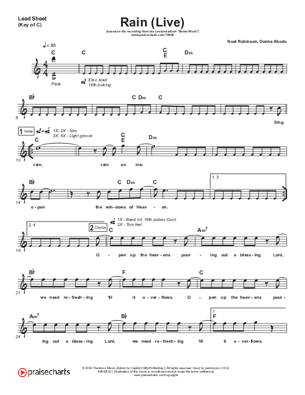 Rain (Live) Lead Sheet (Melody) (Leeland / Noel Robinson)