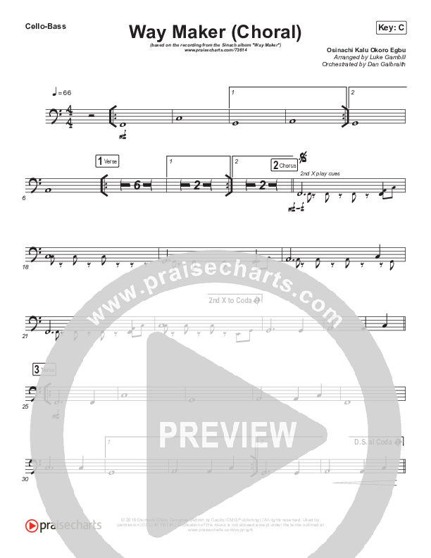 Way Maker (Choral Anthem SATB) Cello/Bass (Sinach / Arr. Luke Gambill)