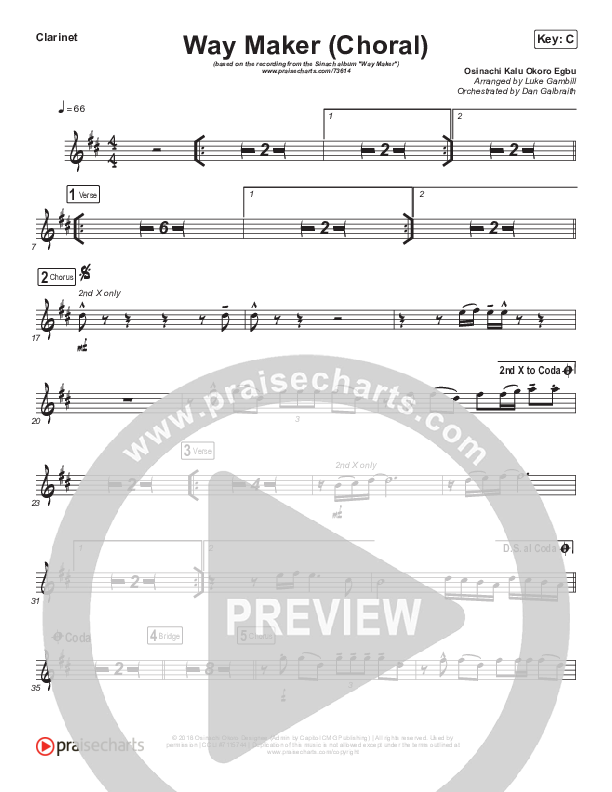 Way Maker (Choral Anthem SATB) Clarinet (Sinach / Arr. Luke Gambill)