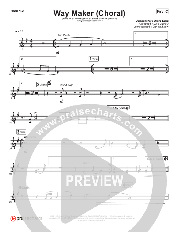 Way Maker (Choral Anthem SATB) French Horn 1/2 (Sinach / Arr. Luke Gambill)