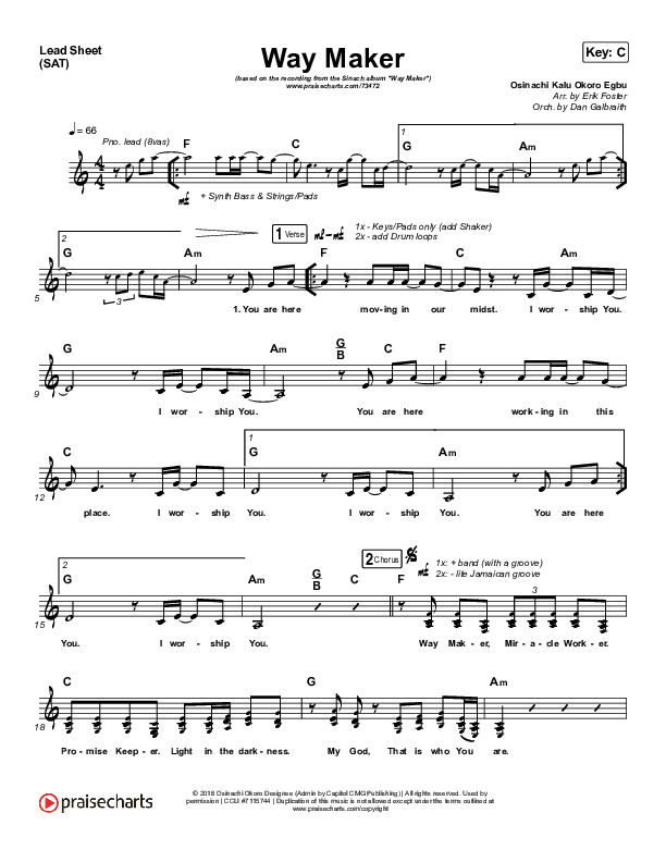 Way Maker (Choral Anthem SATB) Lead Sheet (SAT) (Sinach / Arr. Luke Gambill)