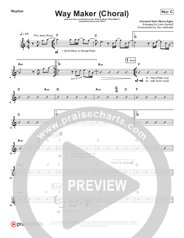 Way Maker (Choral Anthem SATB) Rhythm Chart (Sinach / Arr. Luke Gambill)