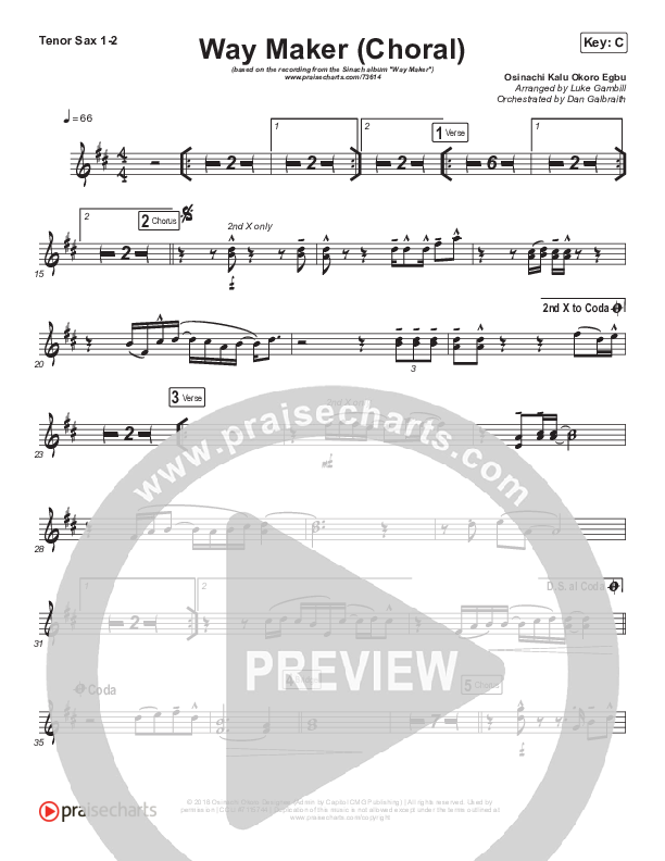 Way Maker (Choral Anthem SATB) Tenor Sax 1/2 (Sinach / Arr. Luke Gambill)