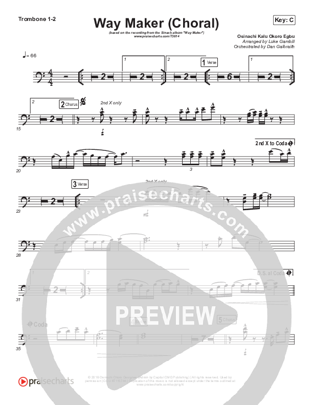 Way Maker (Choral Anthem SATB) Trombone 1/2 (Sinach / Arr. Luke Gambill)