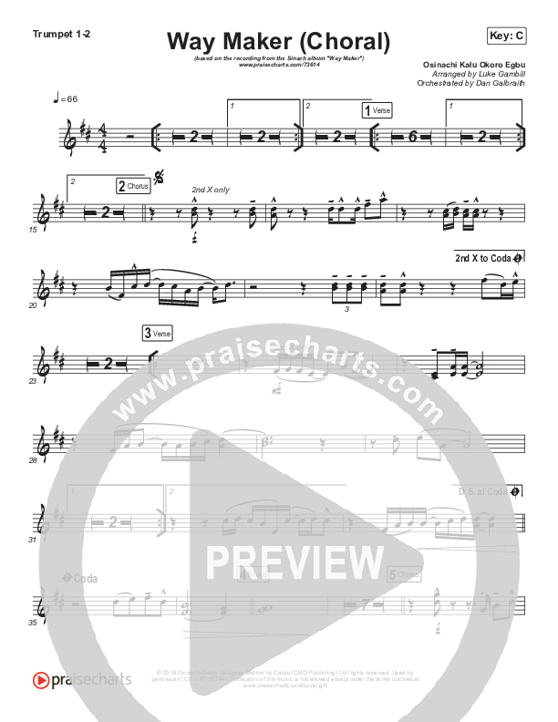 Way Maker (Choral Anthem SATB) Trumpet 1,2 (Sinach / Arr. Luke Gambill)