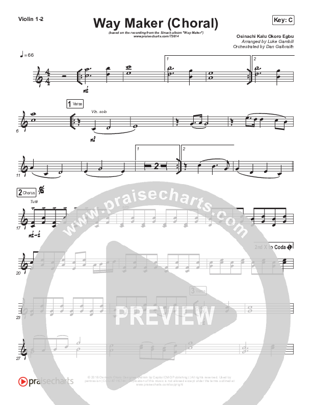 Way Maker (Choral Anthem SATB) Violin 1/2 (Sinach / Arr. Luke Gambill)