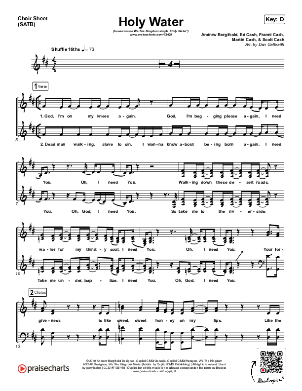 Holy Water Choir Sheet (SATB) (We The Kingdom)