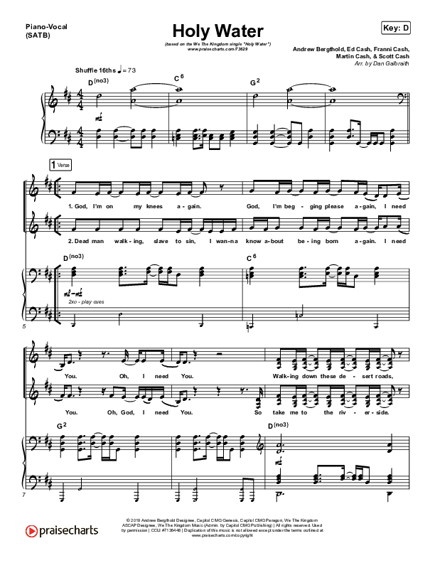 Holy Water Piano/Vocal (SATB) (We The Kingdom)