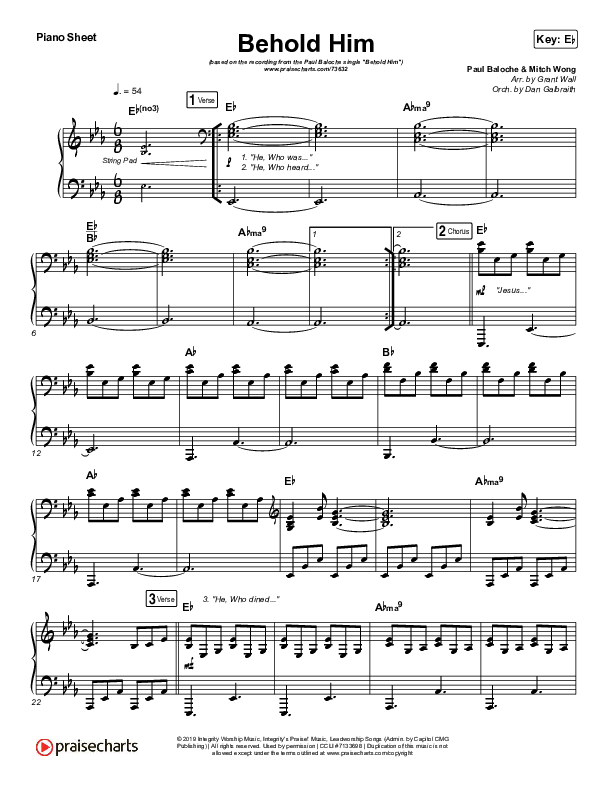 Behold Him Piano Sheet (Paul Baloche / Kim Walker-Smith)