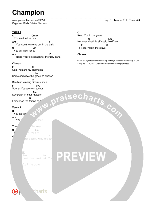 Champion Chords & Lyrics (Cageless Birds / Jake Stevens)