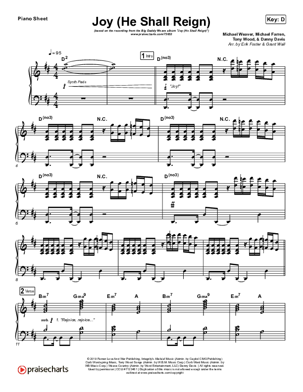 Joy (He Shall Reign) Piano Sheet (Big Daddy Weave)