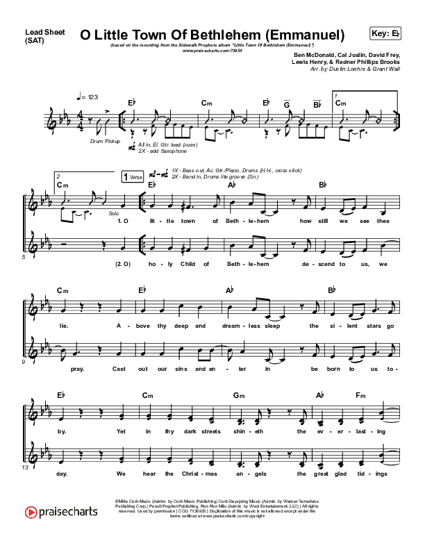 O Little Town Of Bethlehem (Emmanuel) Lead Sheet (SAT) (Sidewalk Prophets)