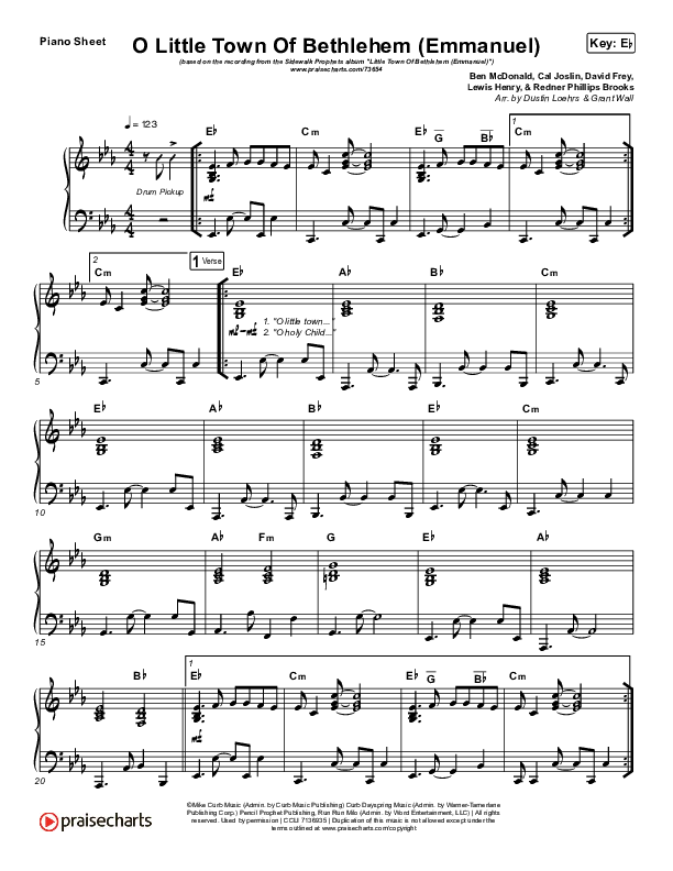 O Little Town Of Bethlehem (Emmanuel) Piano Sheet (Sidewalk Prophets)