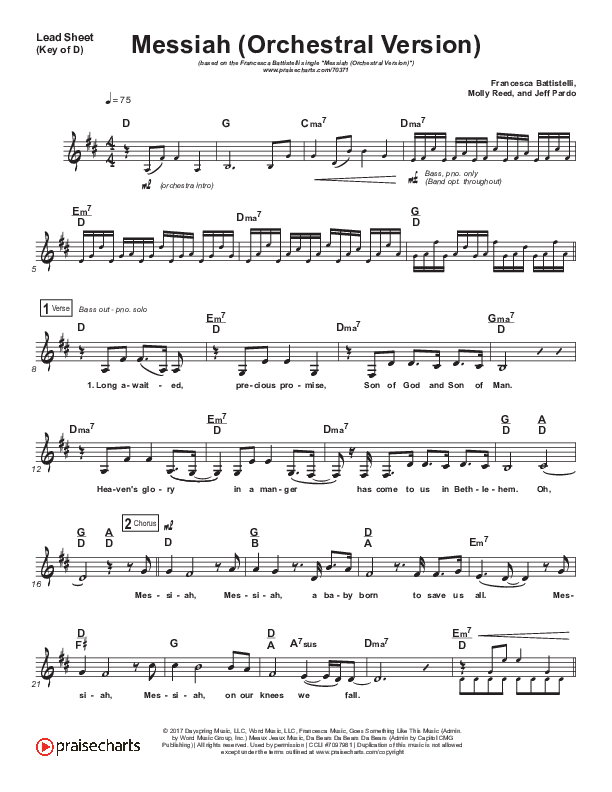 Messiah (Orchestral) Lead Sheet (Melody) (Francesca Battistelli)