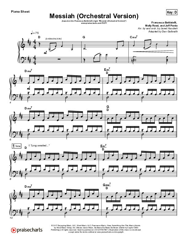 Messiah (Orchestral) Piano Sheet (Francesca Battistelli)