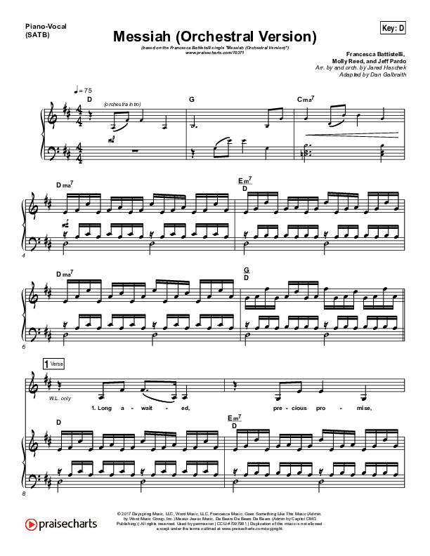 Messiah (Orchestral) Piano/Vocal (SATB) (Francesca Battistelli)