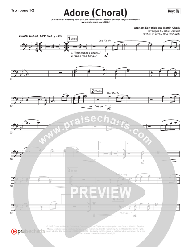 Adore (Choral Anthem SATB) Trombone 1/2 (Chris Tomlin / Arr. Luke Gambill)