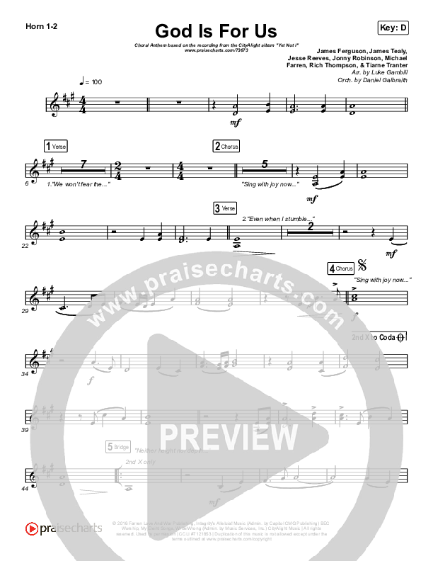God Is For Us (Choral Anthem SATB) French Horn 1/2 (CityAlight / Arr. Luke Gambill)