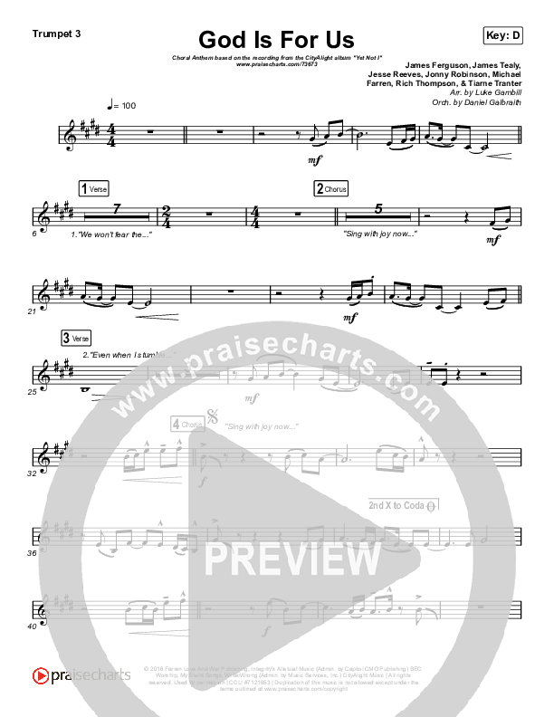 God Is For Us (Choral Anthem SATB) Trumpet 3 (CityAlight / Arr. Luke Gambill)