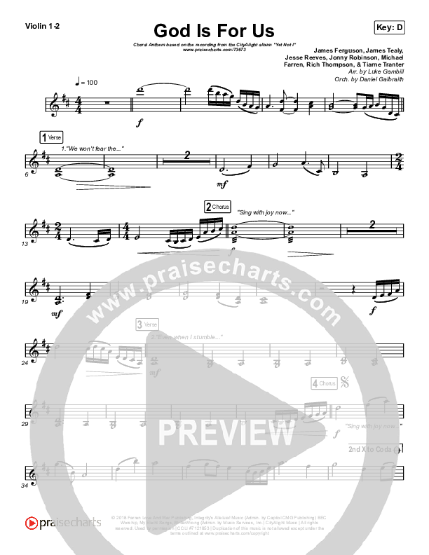 God Is For Us (Choral Anthem SATB) Violin 1/2 (CityAlight / Arr. Luke Gambill)