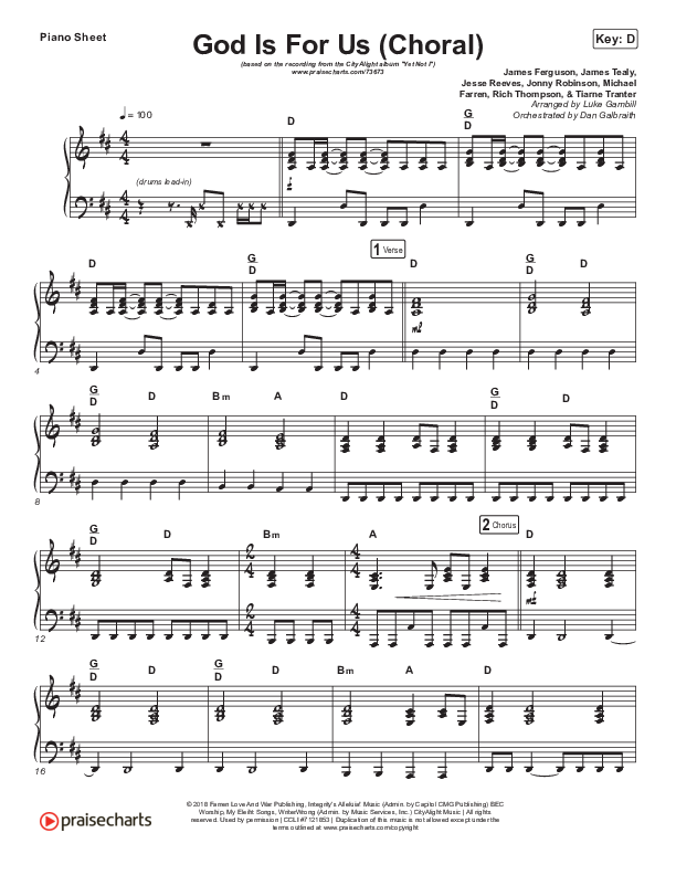 God Is For Us (Choral Anthem SATB) Piano Sheet (CityAlight / Arr. Luke Gambill)