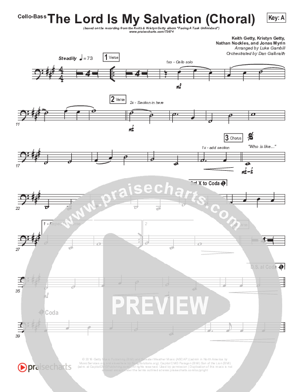 The Lord Is My Salvation (Choral Anthem SATB) Cello/Bass (Keith & Kristyn Getty / Arr. Luke Gambill)