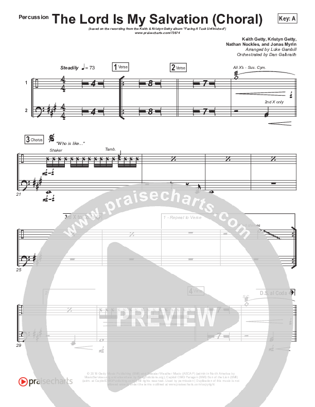 The Lord Is My Salvation (Choral Anthem SATB) Percussion (Keith & Kristyn Getty / Arr. Luke Gambill)