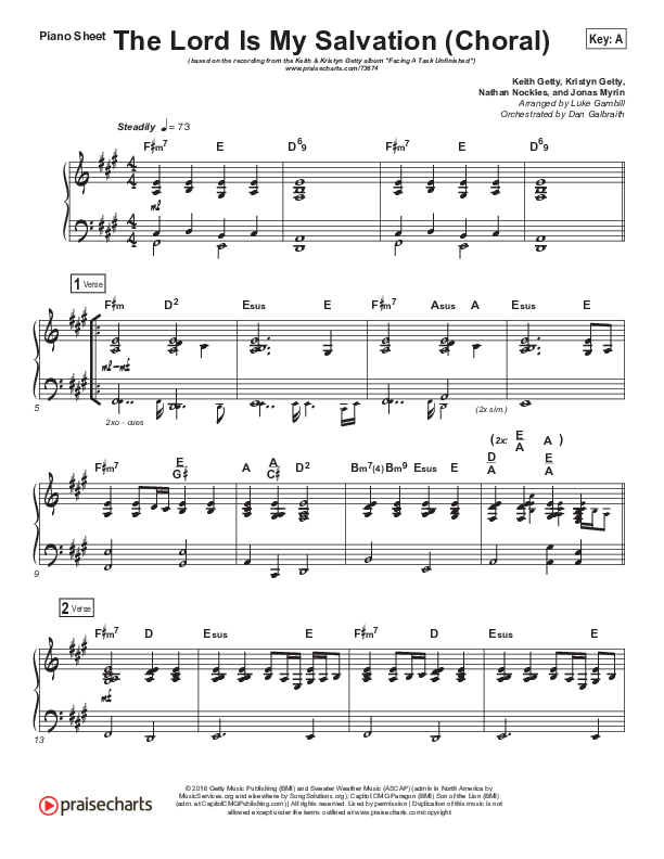 The Lord Is My Salvation (Choral Anthem SATB) Piano Sheet (Keith & Kristyn Getty / Arr. Luke Gambill)